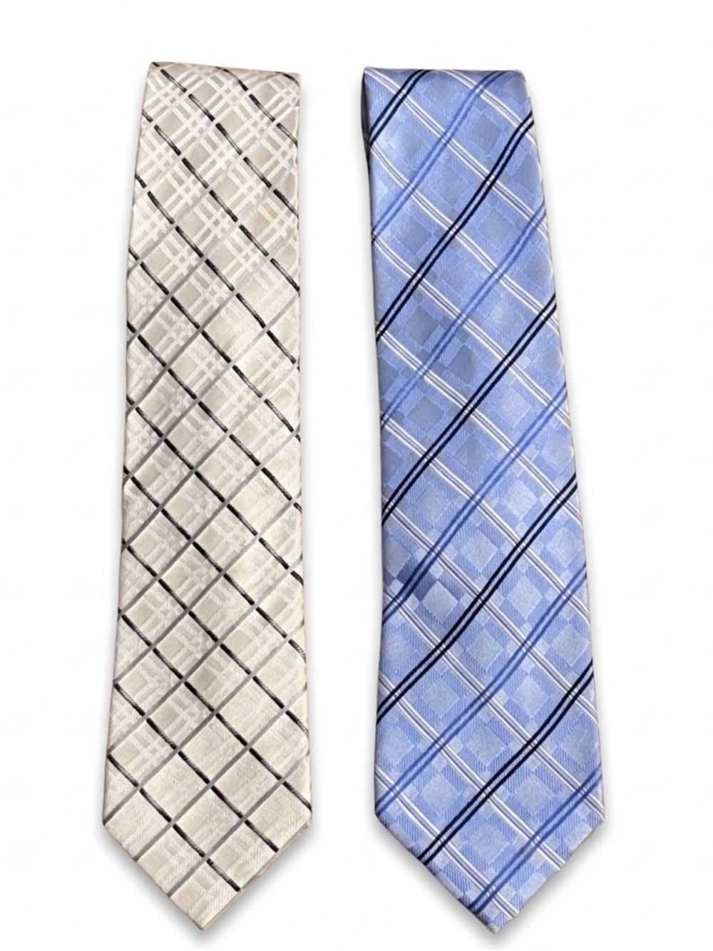 Geoffrey Beene 100% Silk Plaid Ties - Gray and Blue Set of 2